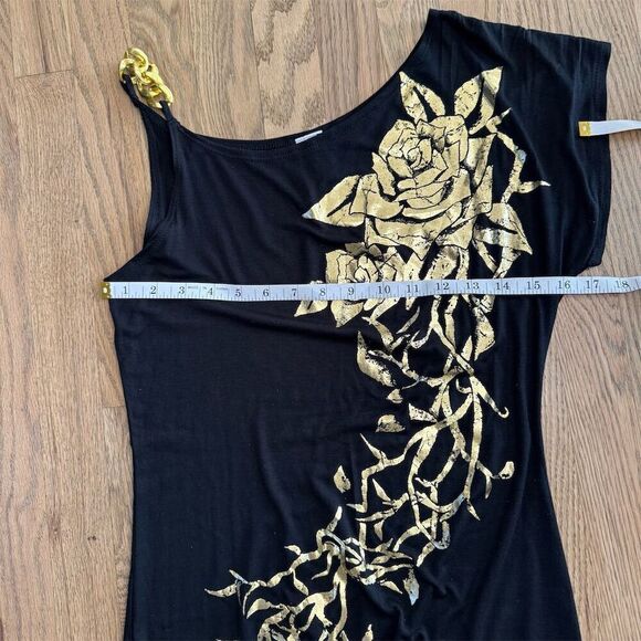 Misopé Black Embellished Asymmetrical Sleeveless Blouse with Gold Rose - Picture 6 of 9